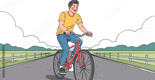Man riding red bicycle on open road with green landscape background vector illustration