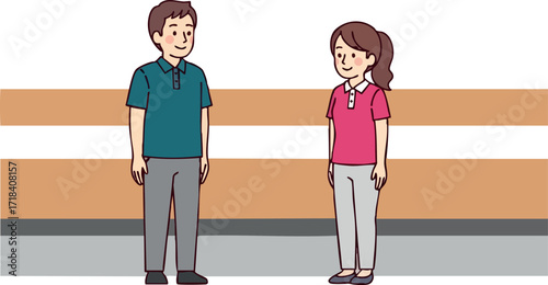 Two young people standing and talking in casual clothes vector illustration for social interaction and communication concepts
