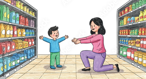 Mother and toddler child meeting in supermarket aisle happy family shopping together daily routine vector illustration