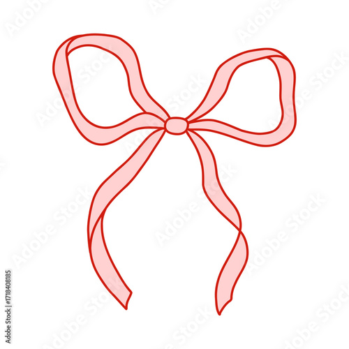 Whimsical coquette pink bow ribbon with red outline. Cute and elegant design element for Valentines Day, packaging, greeting cards, scrapbooking, feminine branding, and decorations. Vector art
