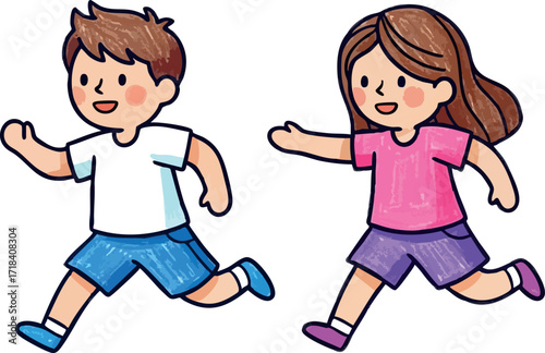 Children running playful boy and girl in colorful casual clothes active lifestyle vector illustration