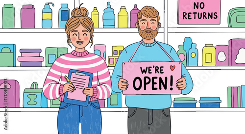 Small business owners holding signs in colorful retail store shelves with no returns policy and open message vector illustration