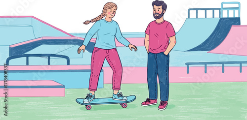 Young woman learning skateboarding at skate park with instructor guidance casual outdoor activity