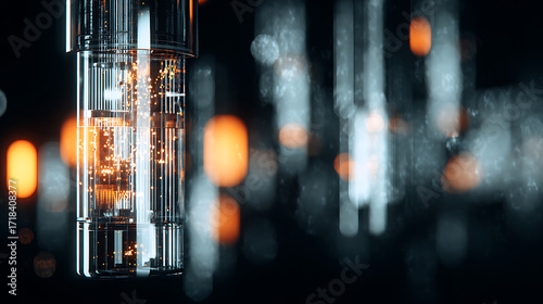 Close-up of a transparent cylindrical device with glowing internal components and particles, set against a dark background with blurred lights.