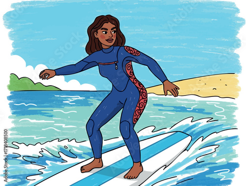Woman surfing on ocean waves in wetsuit with sunny sky and beach background active lifestyle vector illustration