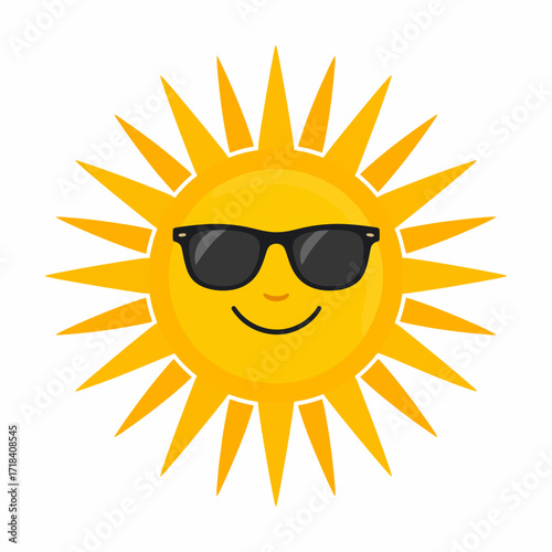 Bright yellow sun character with cool sunglasses and a happy smile, symbolizing summer fun, warmth, and relaxation, perfect for cheerful designs