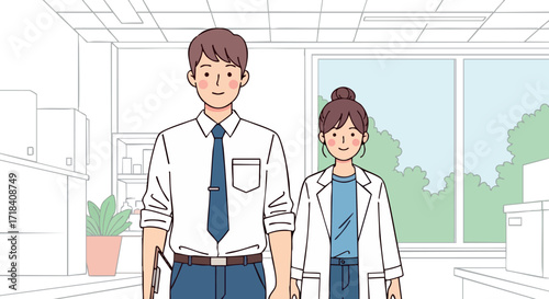 Two business professionals standing in modern office environment with large windows and natural light vector illustration