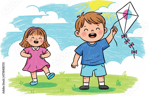 Children playing outdoors flying a kite on a sunny day in green field with blue sky and clouds vector illustration