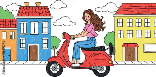 Woman riding red scooter on city street with colorful houses and blue sky vector illustration