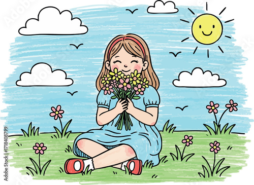 Girl Sitting in Green Grass Holding Colorful Flowers Bouquet with Sunny Sky and Clouds Vector Illustration