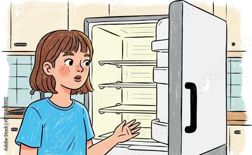 Young girl looking at open empty refrigerator in kitchen vector illustration