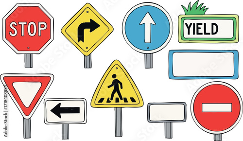 Collection of Various Road Traffic Signs Including Stop Yield Direction and Pedestrian Crossing Vector Illustration