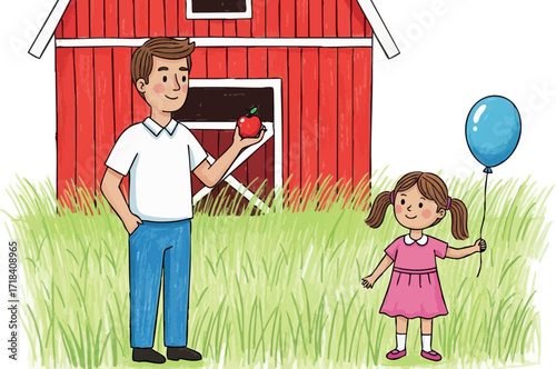 Father and daughter enjoying day near red barn holding apple and blue balloon vector illustration