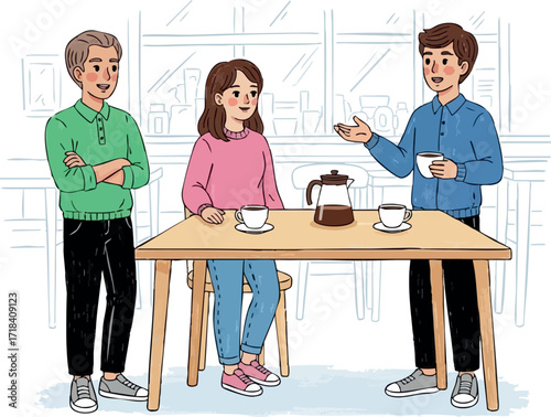 Group of three people enjoying coffee and conversation at wooden table in casual indoor setting