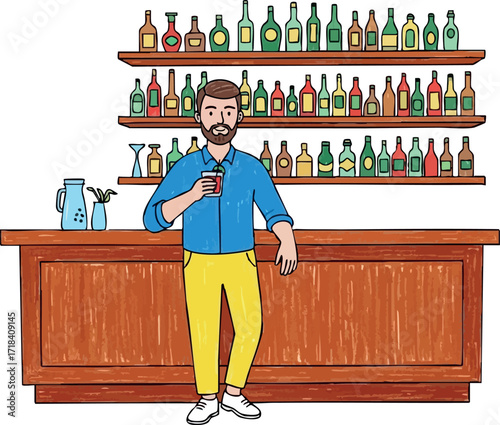 Bartender holding glass standing behind wooden bar counter with shelves of colorful bottles vector illustration
