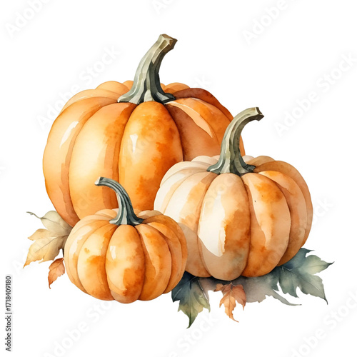 Three watercolor pumpkins with autumn leaves isolated on transparent background