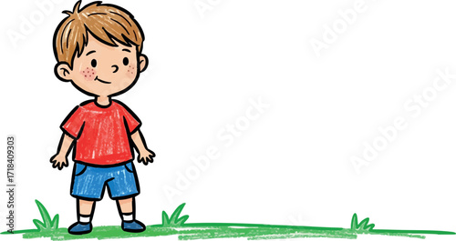 Little boy standing outdoors in red shirt and blue shorts vector illustration for children’s design and education material