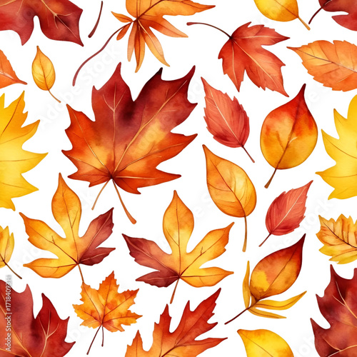 Seamless pattern of colorful autumn leaves isolated on transparent background