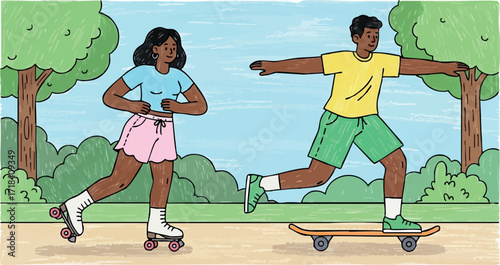 Children enjoying outdoor activities skating and skateboarding in park with green trees and blue sky