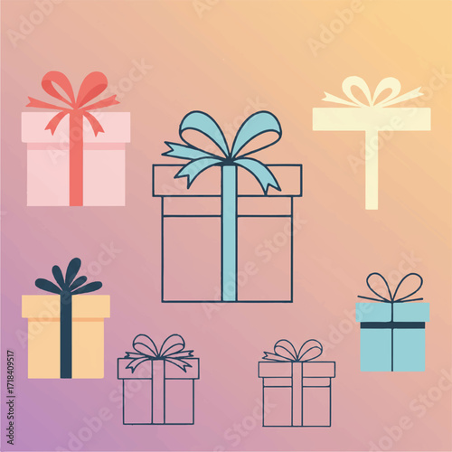 Various gift boxes with bows and ribbons on a gradient background