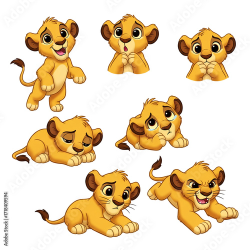 Character sheet. Cute cartoon lion cub with various facial expressions and poses, isolated on a white background.