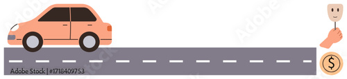 Orange car traveling on highway, hand holding smile emoticon mask beside dollar sign. Ideal for investment, travel, cost analysis, emotional health, financial well-being, life balance