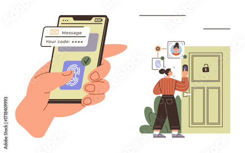 Hand using a smartphone biometric reader and code authentication for smart door unlocking. Woman interacting with smart lock. Ideal for security, technology, access control, IoT, smart home
