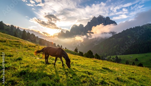 Fototapeta Naklejka Na Ścianę i Meble -  Majestic horse grazing in a mountain meadow at sunset