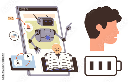 Robot assistant with book on mobile screen, icons for tools thumbs up translation and email, human profile, and battery symbol. Ideal for AI, language learning, communication, education, technology