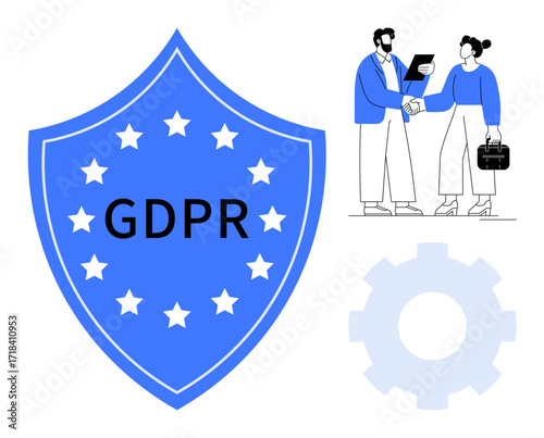 Blue GDPR shield with stars, two professionals shaking hands with documents and suitcase, and a gear. Ideal for data protection, regulation, compliance, security, privacy, collaboration legal