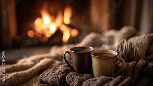 Cozy Winter Evening by Fireplace with Warm Drinks