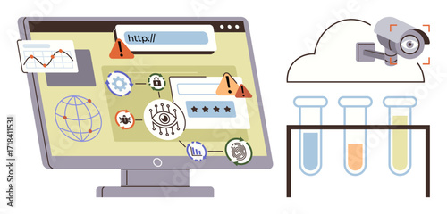Monitor with cybersecurity threat icons, surveillance camera linked to a cloud, and test tubes. Ideal for cybersecurity, research, surveillance, technology, science, innovation and data safety