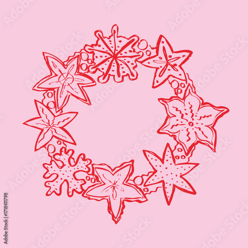 Hand-drawn vector illustration in doodle style. Christmas gingerbread wreath on a pink background.