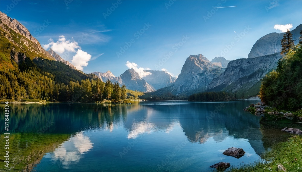 Fototapeta premium Tranquil Lake Nestled Amongst Majestic Mountains