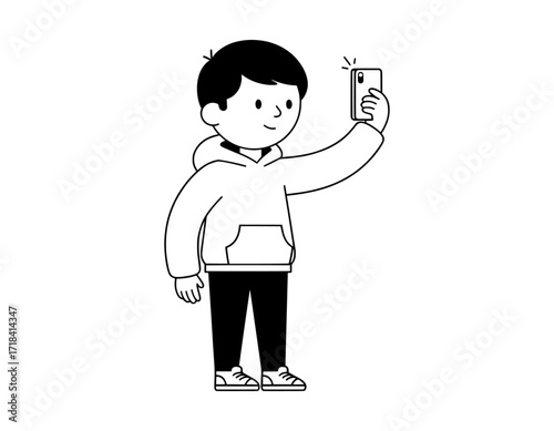 Cartoon boy taking a selfie with a smartphone, black and white line art illustration, for social media, technology, and youth concepts, isolated vector.