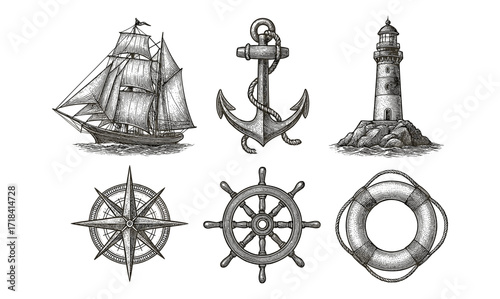 Nautical collection: sailboat, anchor, lighthouse, compass, ship wheel, and lifebuoy
