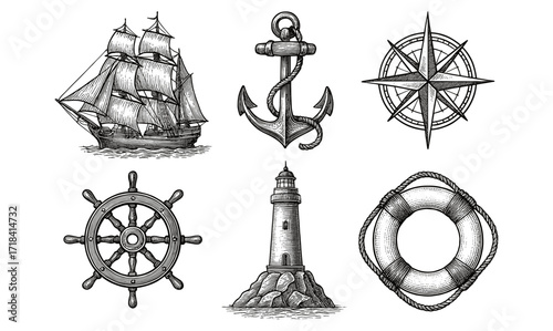 Vintage nautical icons set: ship, anchor, compass, wheel, lighthouse, lifebuoy