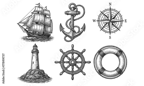 Nautical elements collection with vintage sailing ship, anchor, and compass