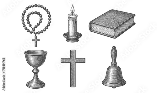 Vintage religious symbols: rosary, candle, bible, chalice, cross, bell