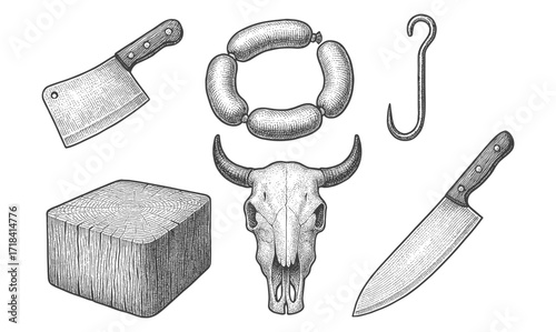 Vintage butcher tools and skull in engraved style