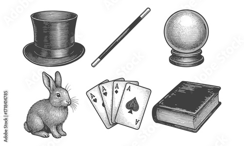 Classic magic elements with top hat, wand, crystal ball, rabbit, cards, and book in engraved style