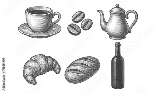 Vintage engraving style food and drink icons featuring coffee and bakery items