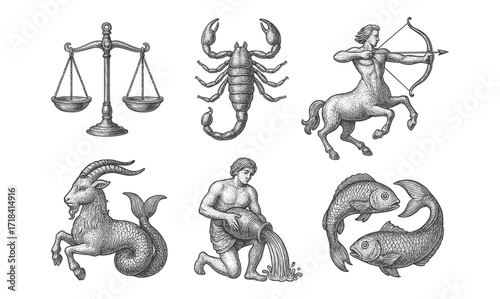 Zodiac symbols in detailed vintage style featuring sagittarius and capricorn
