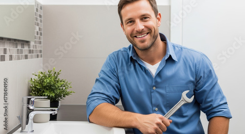 Happy plumber holding adjustable wrench in modern bathroom. Friendly service technician smiling confidently. Professional plumber ready for work.