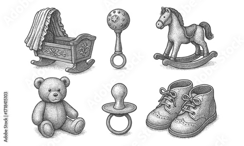 Antique baby toys collection with vintage engraving style