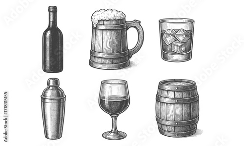 Vintage beverage icons in detailed engraving style featuring wine, beer, whiskey, cocktail shaker, and wooden barrel