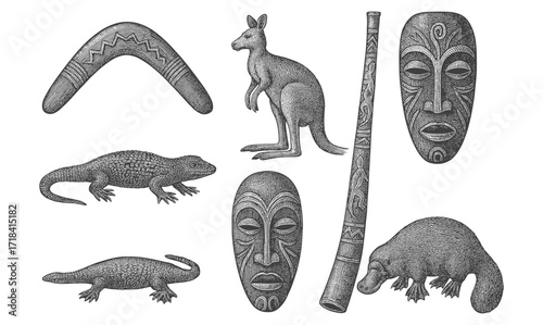 Vintage engravings of australian wildlife and aboriginal artifacts