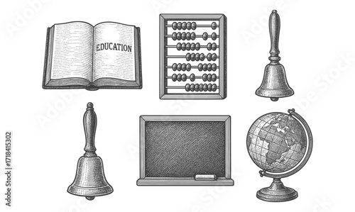Vintage school objects collection featuring chalkboard and abacus