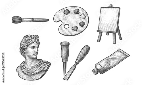 Classic art tools and supplies in engraved vintage style