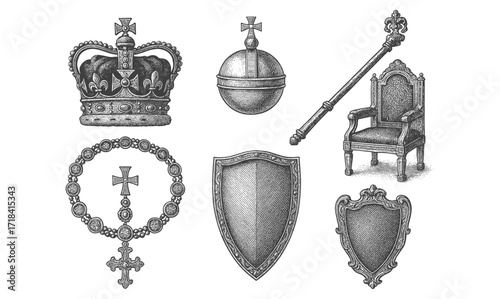 Royal insignia collection with crown, shield, and scepter in vintage style